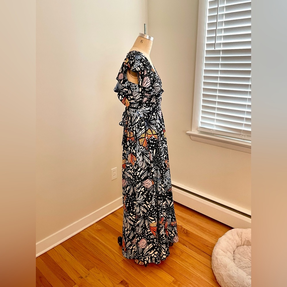 Aqua Black Butterfly Print Maxi Dress with Blue Orange Accents Sz M Runs Small - Picture 4 of 11